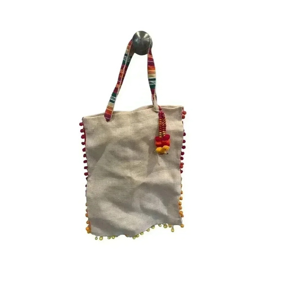 NWT Rungolee Women's Pom Pom Bag Pink Multi Canvas Tote Bag - Picture 12 of 12